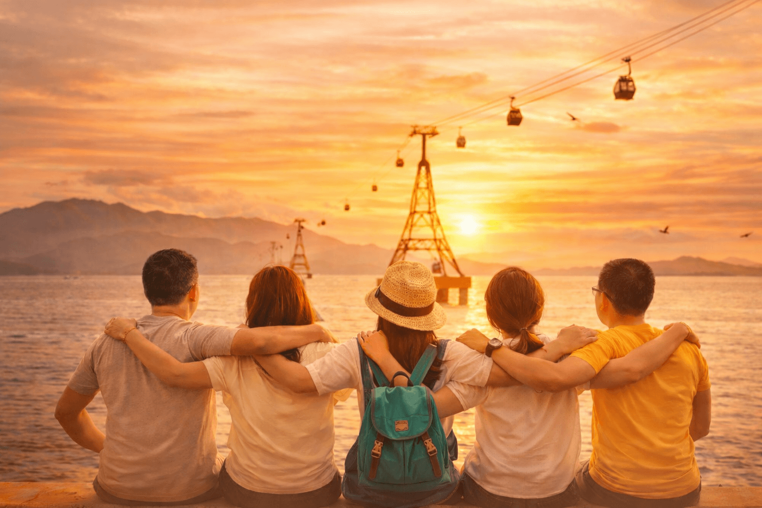 Group of people sitting together by the water at sunset